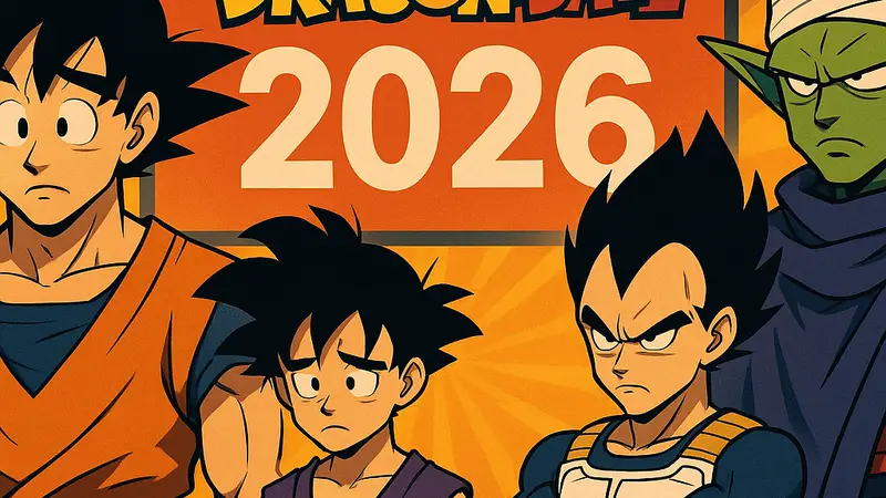 Персонажи Dragon Ball, на фоне которых показано объявление о возвращении франшизы в 2026 году.