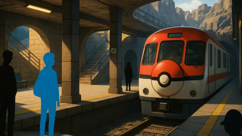 Скриншот из игры Pokémon Pokopia, показывающий станцию метро, созданную игроком.