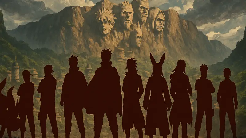 10 сильнейших персонажей из аниме Наруто и Боруто, собрание могучих шиноби в фантастической позе.