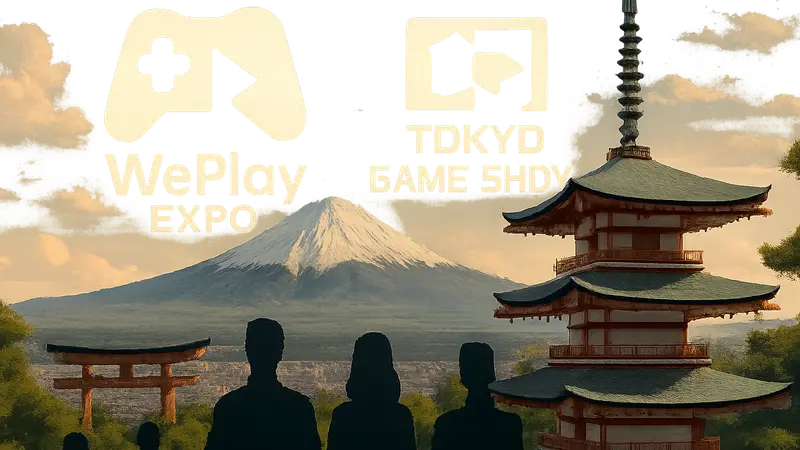 Логотип WePlay Expo и Tokyo Game Show на фоне японского пейзажа.