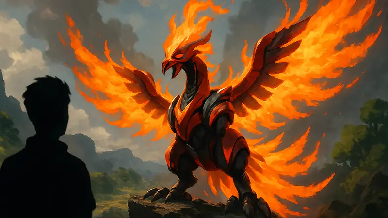 Фанатский концепт Парадокс формы легендарного покемона Ho-Oh. Эпичный редизайн с огненными крыльями.