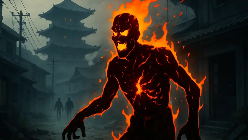 Изображение Scorched Zombie из Black Ops 7 Zombies на фоне карты Kowakujo, показывающее его огненный облик.