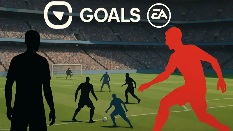 Скриншот игрового процесса Goals, футболисты на поле, логотип игры, в сравнении с EA Sports FC.