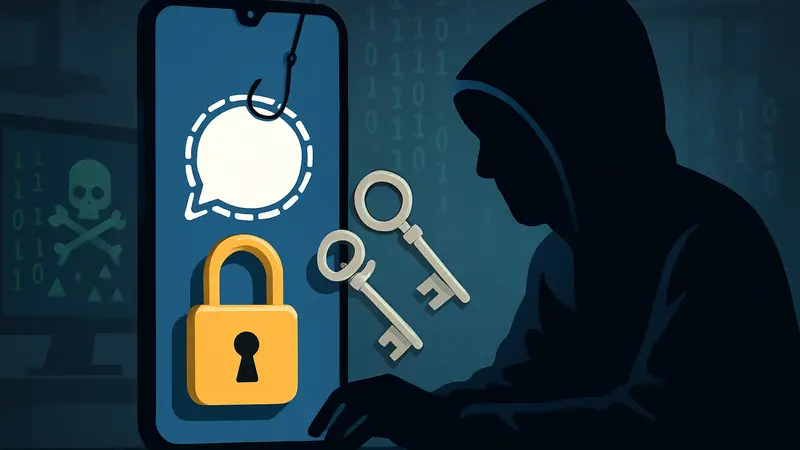 Изображение, символизирующее фишинг-атаку на мессенджер Signal: замок, ключи и хакерские символы на экране телефона.