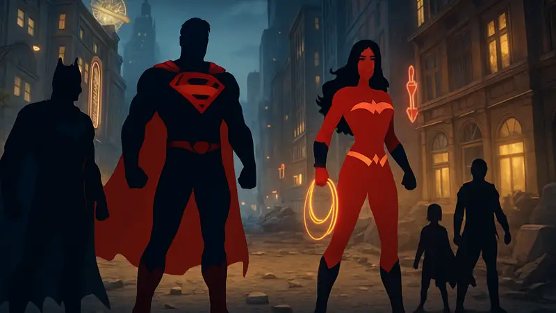 Скриншот или арт из мобильной игры DCKO с участием культовых супергероев DC Вселенной.