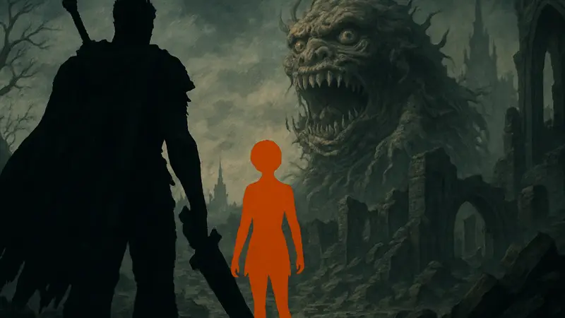 Персонажи манги Berserk, Гатс и Каска, в мрачном фэнтезийном мире после сюжетного поворота.