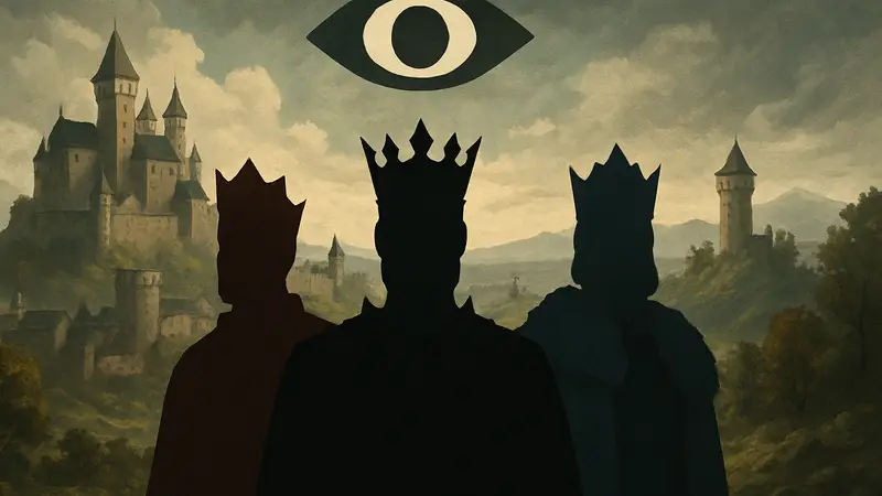 Логотип The King Is Watching с изображением новых правителей из дополнения «Короны былого»