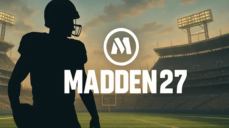 Логотип Madden NFL 27 с датой релиза на фоне стадиона американского футбола.