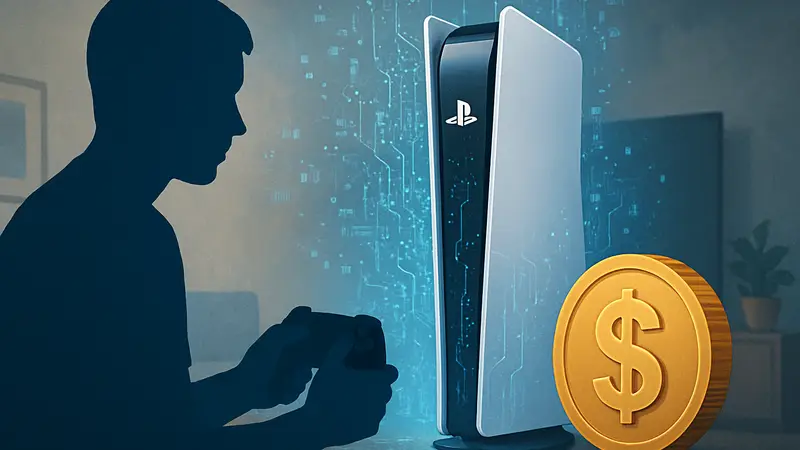 Концепт-арт PlayStation 6, символизирующий цифровую природу и высокие цены новой консоли.