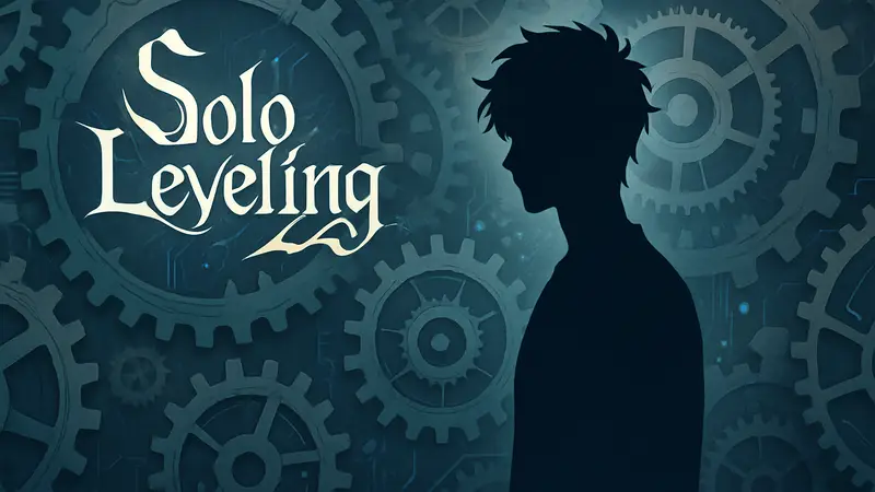 Логотип аниме Solo Leveling с элементами искусственного интеллекта или шестерёнками на фоне.
