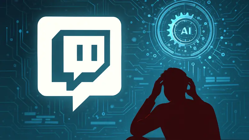 Логотип Twitch на фоне ИИ-элементов, символизирующих новую функцию резюмирования трансляций