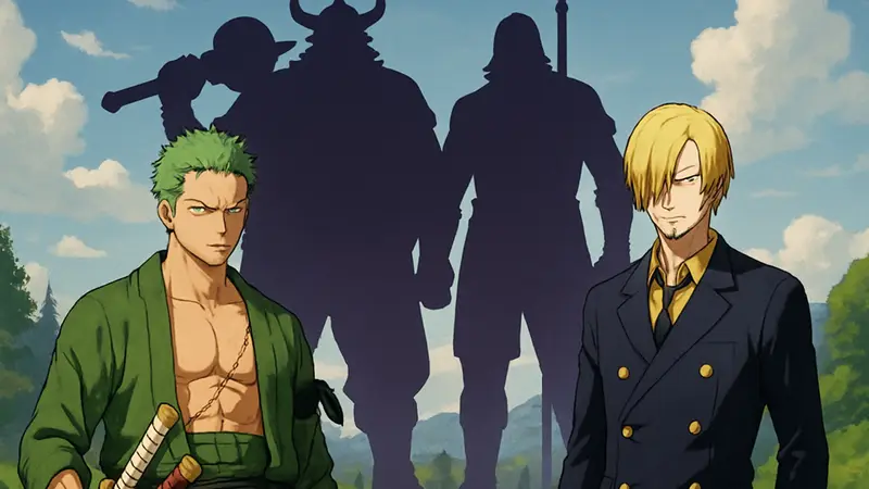 Персонажи Зоро и Санджи из One Piece, стоящие рядом, с силуэтами новых героев на заднем плане.