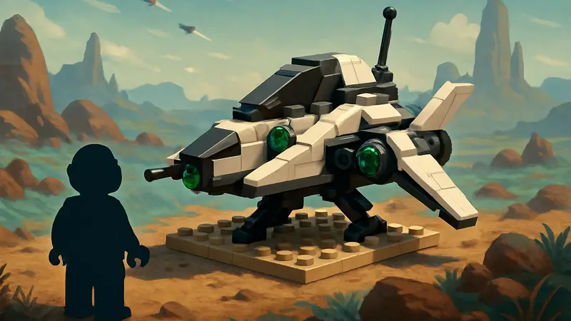 Фан-арт LEGO набора Sentinel Interceptor из игры No Man's Sky с минифигуркой.