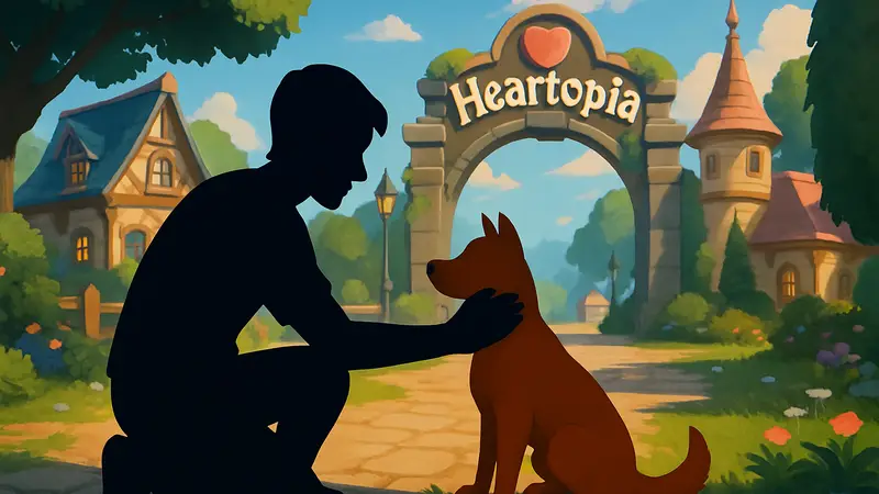 Игровой персонаж гладит собаку в виртуальном мире Heartopia. Гайд по усыновлению питомца.