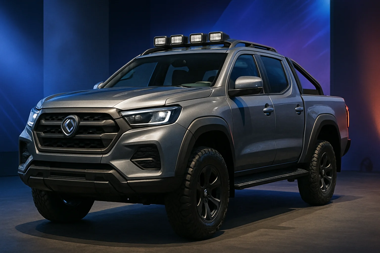Новый пикап Foton Tunland G9 на презентации, демонстрирующий свой внедорожный дизайн.