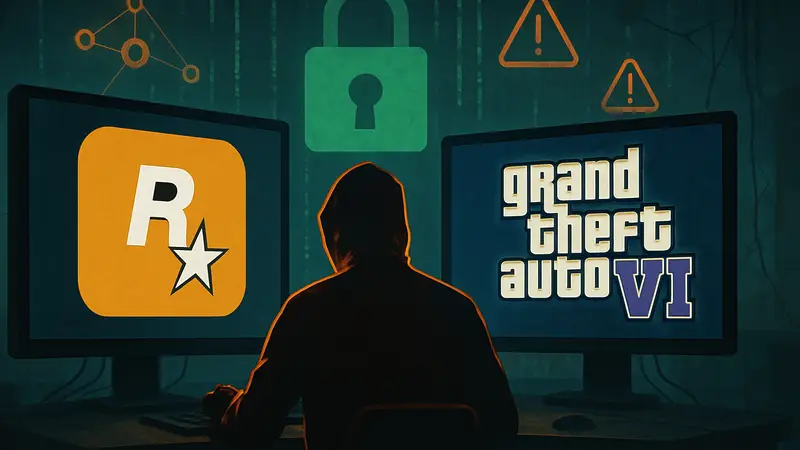 Логотип Rockstar Games и Grand Theft Auto 6, символы хакерской атаки.