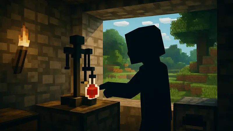 Игрок в Minecraft использует варочную стойку для создания зелий в игровом мире