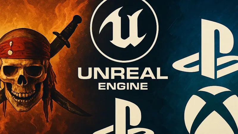 Изображение логотипов «Пиратов Карибского моря», Unreal Engine, PlayStation и Xbox, символизирующее критику и конкуренцию в индустрии.
