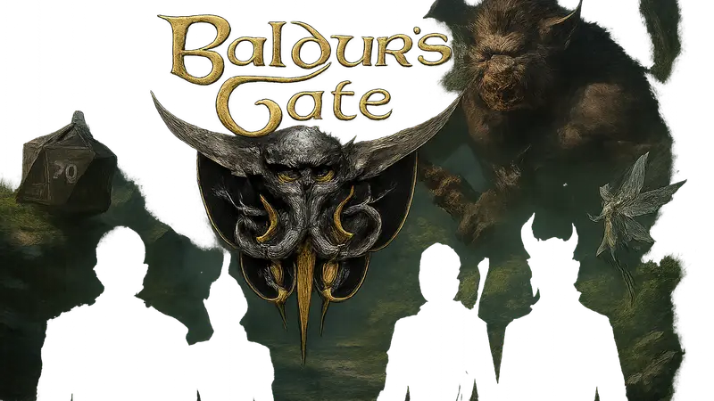 Логотип Baldur's Gate 3 на фоне новых игровых элементов или персонажей