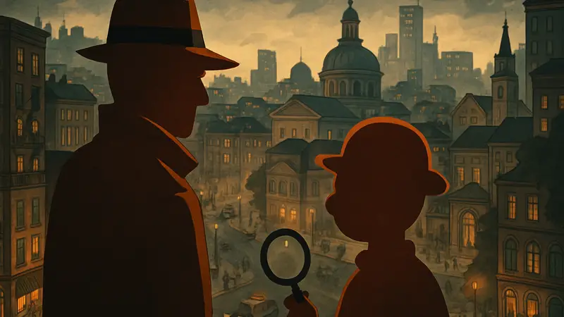 Обложка дополнения MicroMacro: Downtown Detective Expansion One с видом на криминальный город и детективов.