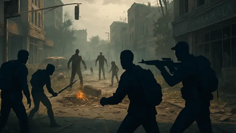 Кадр из геймплея State of Decay 3: выжившие сражаются с зомби в разрушенном городе.
