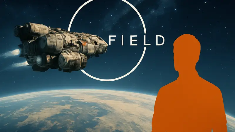 Космический корабль из игры Starfield летит над планетой, логотип игры.