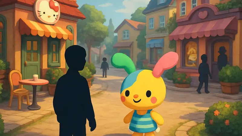 Скриншот из Hello Kitty Island Adventure, показывающий персонажа Усахана в новом городе с кафе и магазинами.