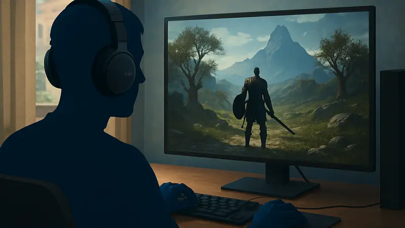 Человек в наушниках Sony, играющий в ПК-игру с использованием хедтрекинга.