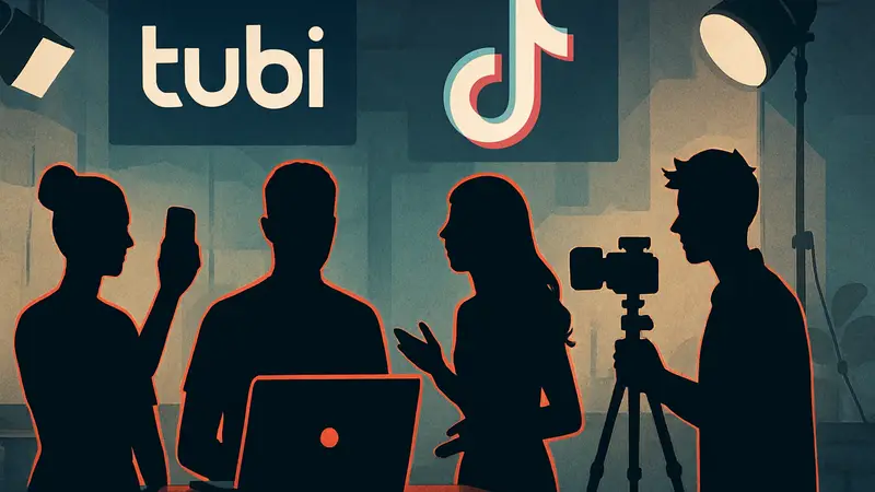 Логотипы Tubi и TikTok, иллюстрация с блогерами и стримингом