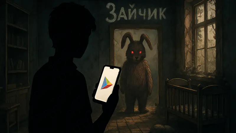 Обложка хоррор-новеллы «Зайчик», игровой персонаж, логотип Google Play на экране телефона.