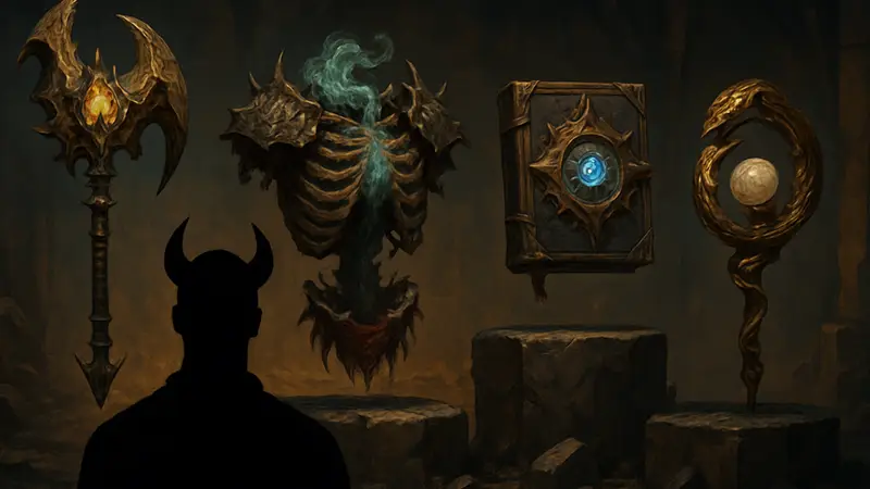 Изображение уникальных предметов из двенадцатого сезона Diablo 4, демонстрирующее их необычный дизайн.