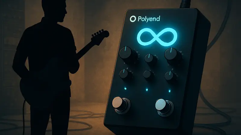 Изображение гитарной педали Polyend Endless с подсветкой и элементами управления.