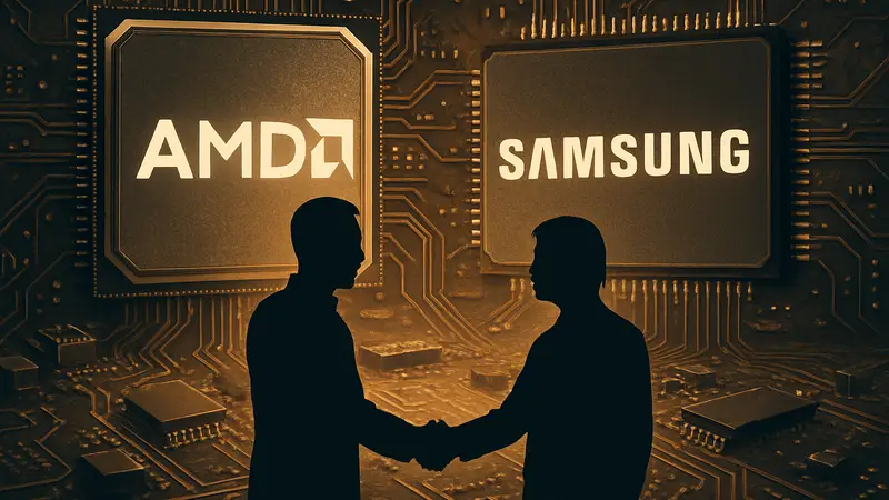 Логотипы AMD и Samsung на фоне микросхем, символизирующие возможное сотрудничество в производстве чипов.