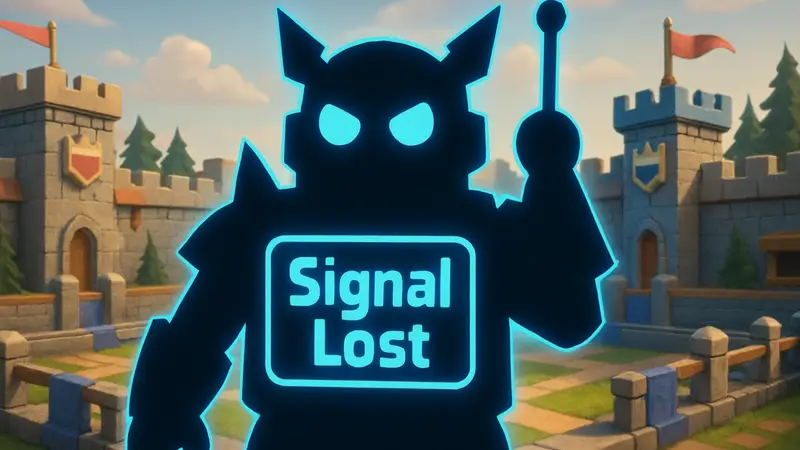 Персонаж C.H.A.O.S. из игры Clash Royale с надписью "Signal Lost" на фоне арены.