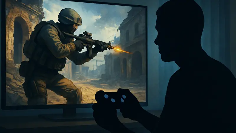 Изображение игрока, держащего контроллер, на фоне экрана с FPS-игрой