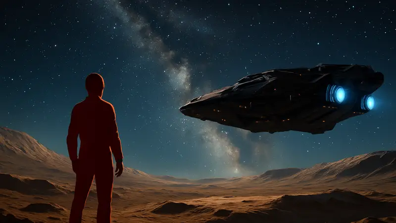 Скриншот из Elite Dangerous, на котором космический корабль исследует планету на фоне звездного неба.
