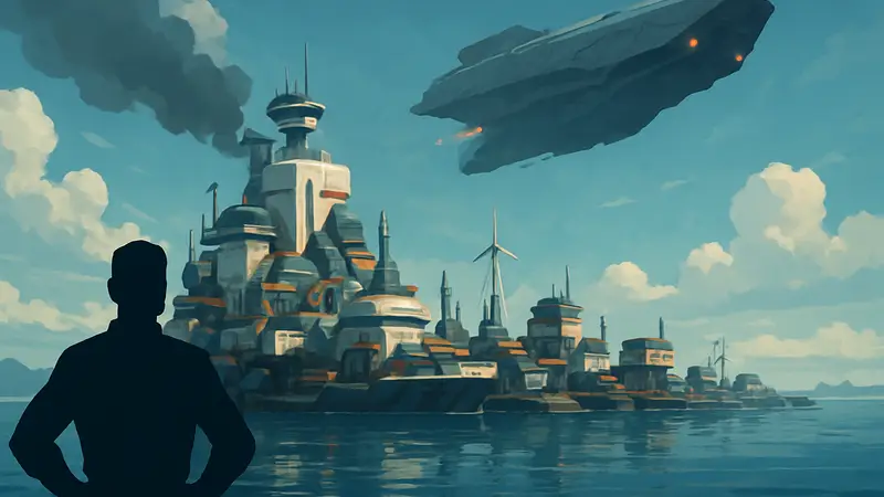 Концепт-арт игры Rogue Carrier, изображающий футуристическую плавучую цивилизацию на водной поверхности, над которой нависает угроза.