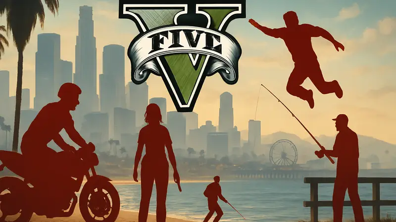 Логотип Grand Theft Auto 5 с изображением города Лос-Сантос и новых активностей.