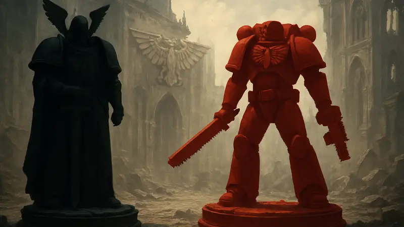 Статуя ветерана Тёмных Ангелов и статуя сержанта Кровавых Ангелов от Weta Workshop по Warhammer 40,000