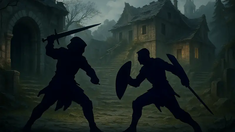 Два персонажа сражаются в PvP-дуэли в игре No Rest For The Wicked, демонстрируя тактики