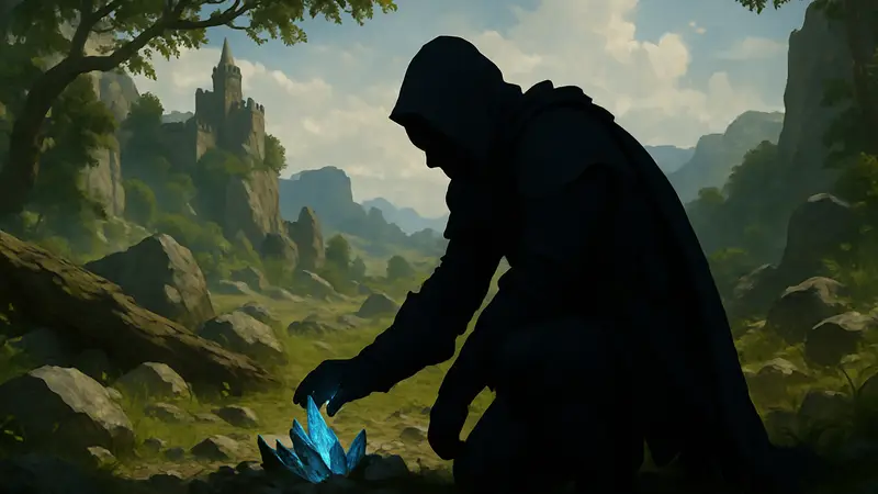 Персонаж из Crimson Desert в процессе сбора редкого материала, возможно, Aeserion Scales, в фэнтезийном мире.