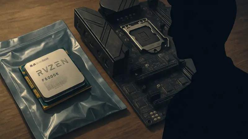 Игровой процессор AMD Ryzen 5 9600X, лежащий на антистатическом пакете, рядом с материнской платой.