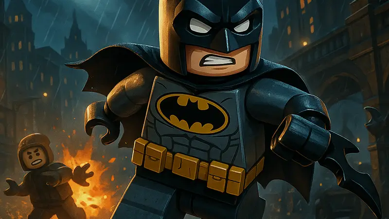 Кадр из игры LEGO Batman: Legacy Of The Dark Knight, демонстрирующий стилизованного под LEGO Бэтмена в экшен-сцене.