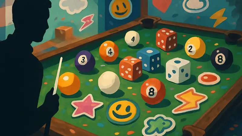 Игровой процесс STICKER/BALL: хаотичное поле с бильярдными шарами, кубиками и стикерами в яркой стилистике