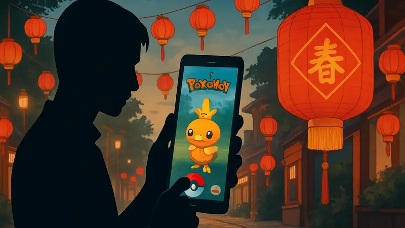Скриншот из Pokémon Go с покемоном и элементами Лунного Нового года