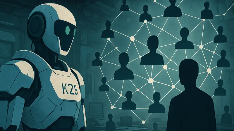 Графическое представление Kimi K2.6 и сети взаимодействующих ИИ-агентов, символизирующее ограничения оркестрации.