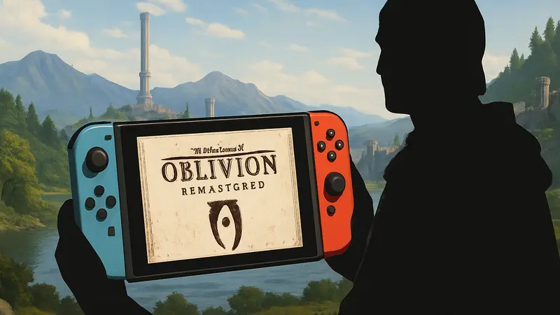 Обложка The Elder Scrolls IV Oblivion Remastered на фоне пейзажей Сиродила для Switch 2.