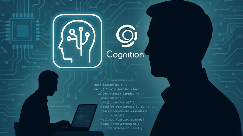 Изображение Скотта Ву или логотип Cognition рядом с элементами ИИ и программирования.