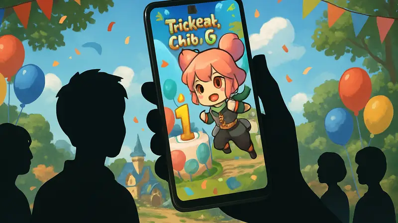 Главный экран мобильной игры Trickcal: Chibi Go с элементами празднования юбилея