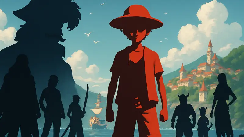 Персонажи из One Piece, в том числе Гол Д. Роджер и Монки Д. Луффи